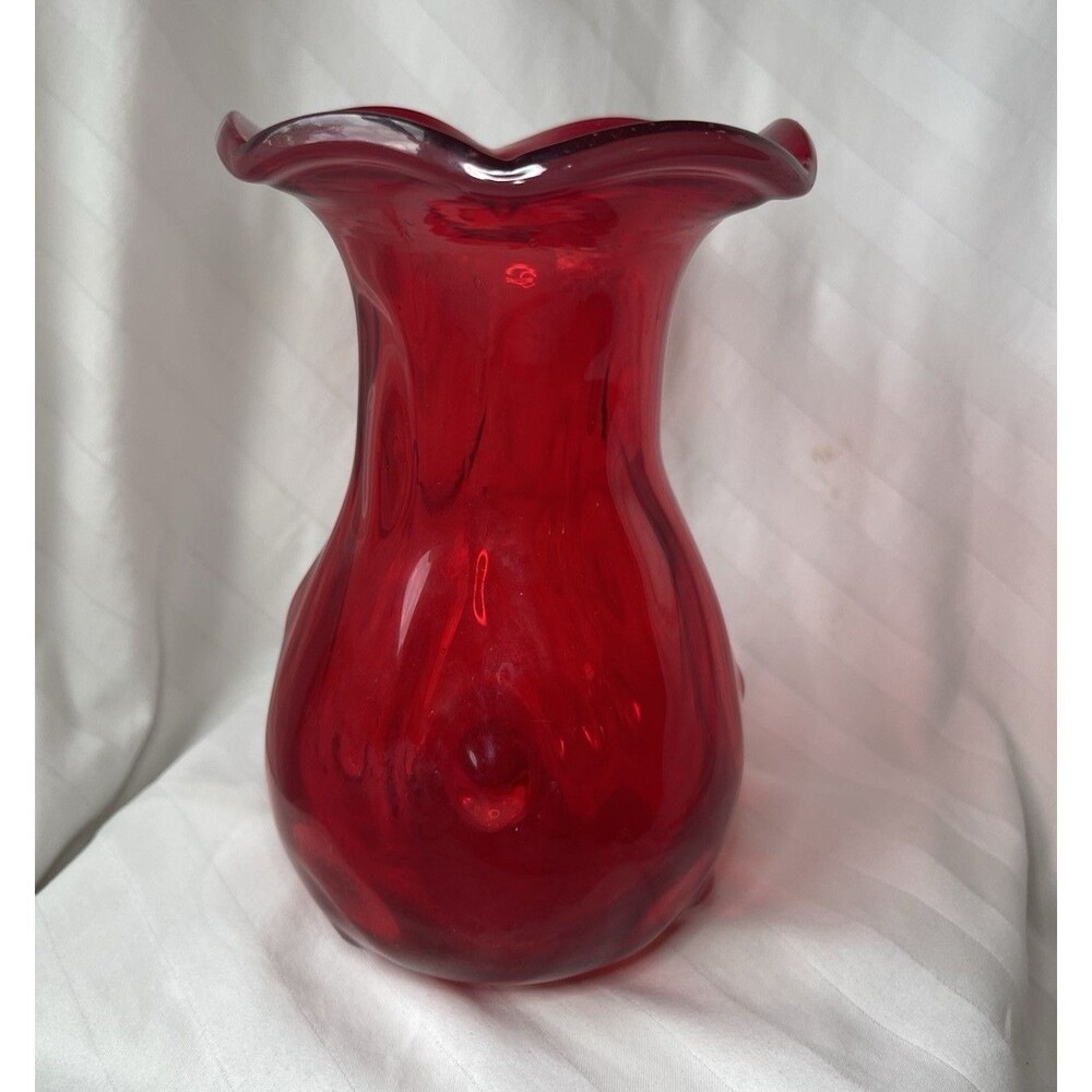 Red Glass Vase, Flared Scalloped Rim, Hand Blown
